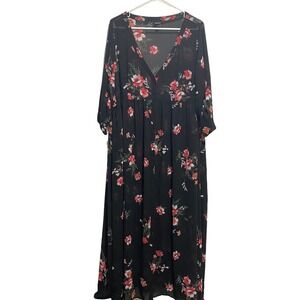 Torrid Plus Roll Tab Sleeve Challis Button‎ Front Maxi Dress Floral 2S Black